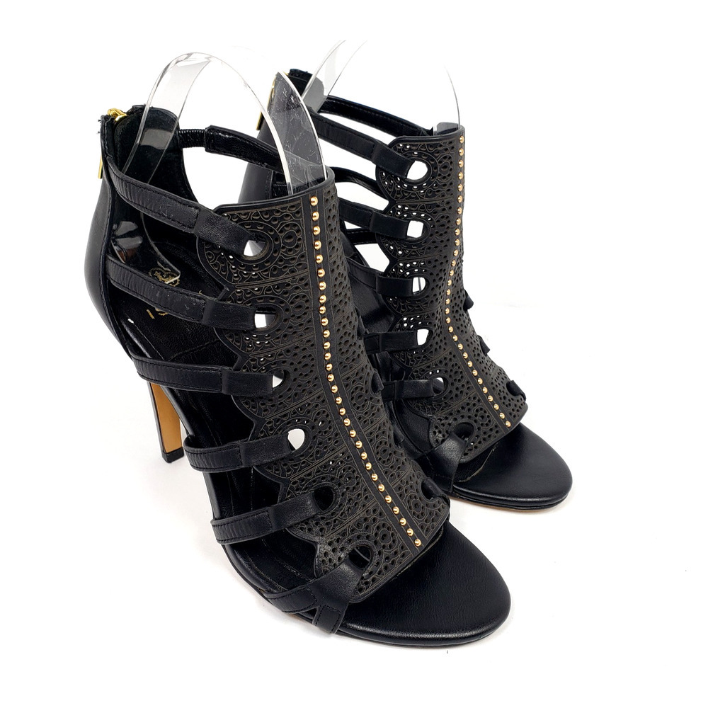 Isola Womens Size 7.5 Black Leather 4" Heeled Open Toe Caged Sandals Shoes